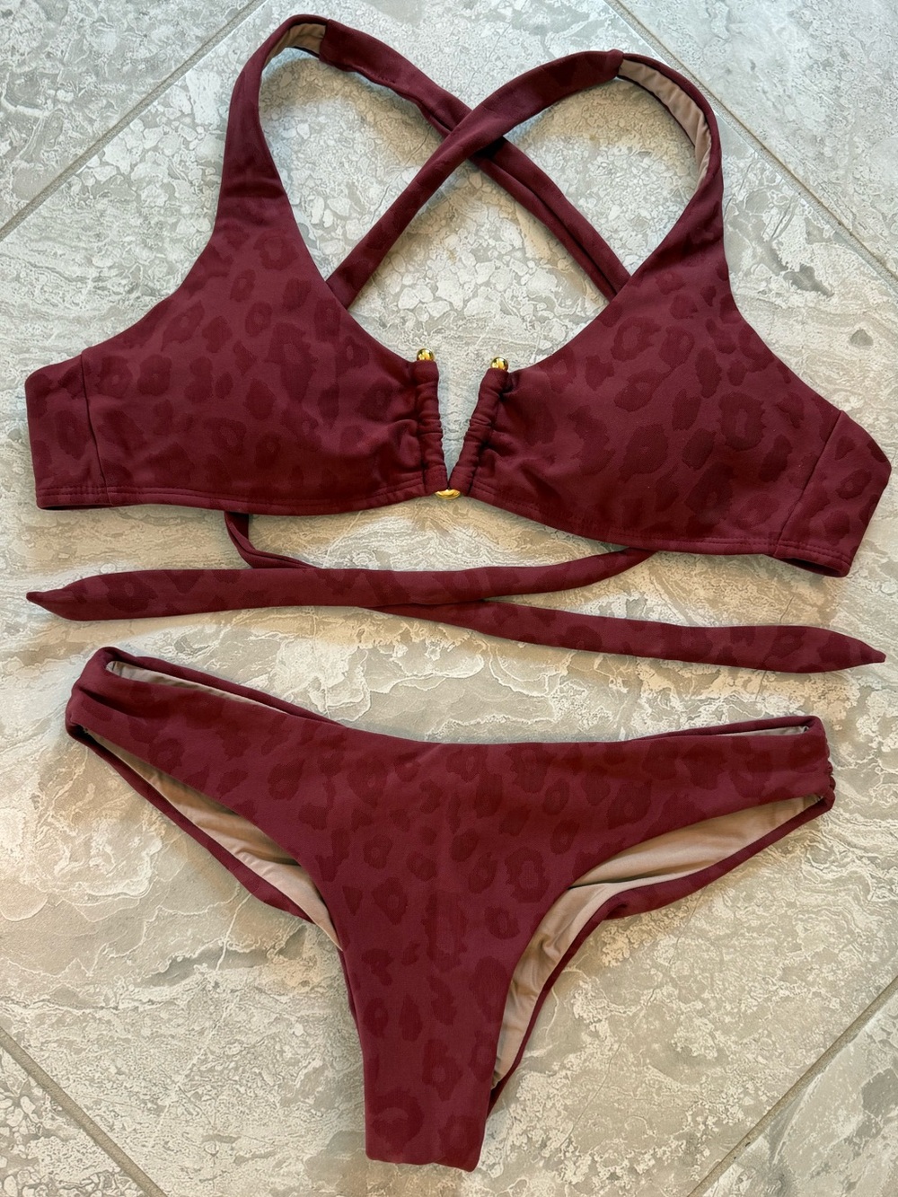 PQ Swim Burgundy Leopard-Print Cross-Back Bikini, Size Small